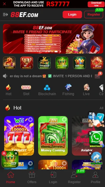 88EF game mobile homepage featuring an invitation bonus option login and register buttons, and lots of games including slots, blockchain, fishing, and live games with colorful icons.