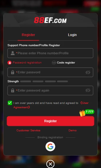88EF game  registration screen  phone number and password entre, user agreement checkbox, register button, and login button.